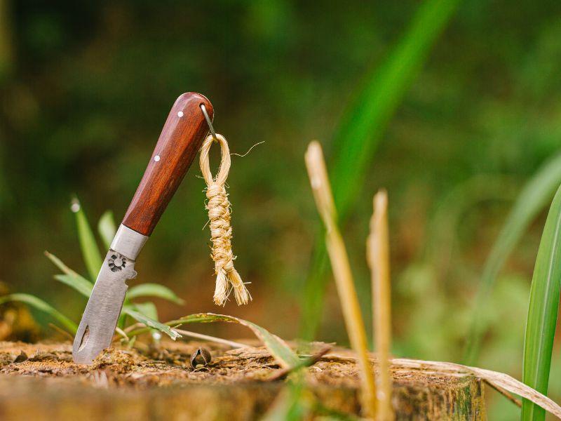 Couteau de randonnée planté dans le sol