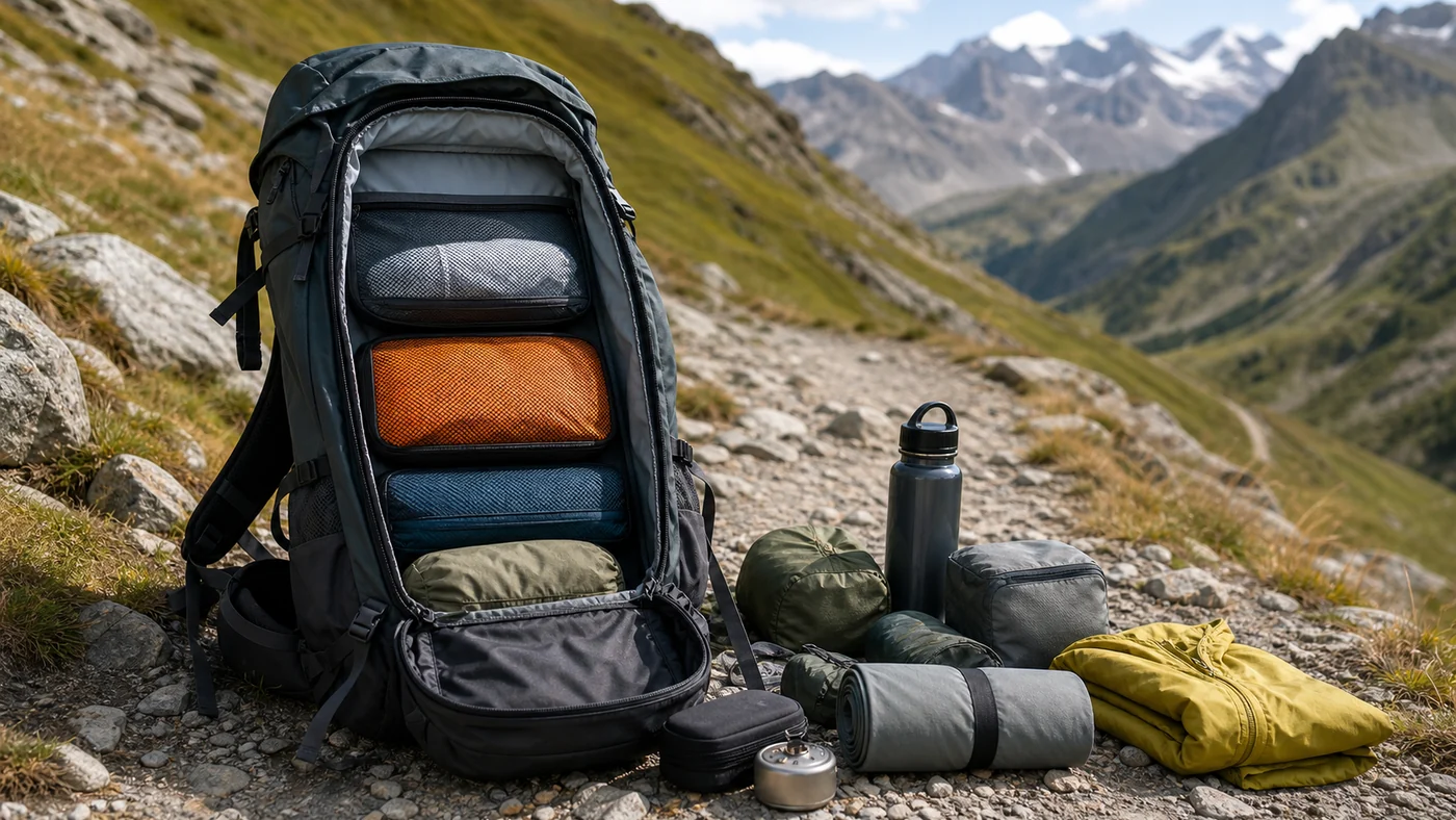 Sac de randonnée organisé avec équipement de montagne